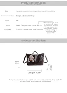 Detailed dimension chart showing 30x11x22cm vintage brown PU leather tote bag with pompom