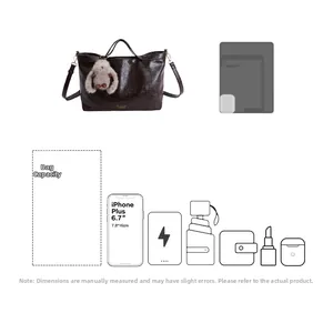 Macro detail of glossy brown tote bag showing capacity for phone and accessories