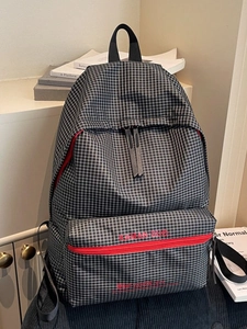 Fashion Plaid Large Capacity Backpack For Women Casual Canvas School Bag With Contrast Red Zipper Laptop Compartment