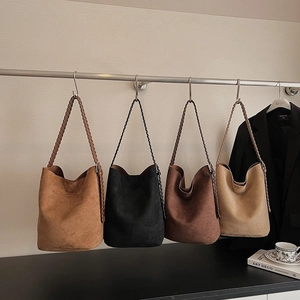 Minimalist large-capacity suede tote bags with woven straps in four autumn earth colors
