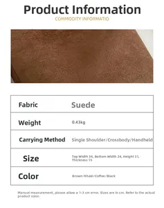 Detailed size chart and fabric texture of the suede tote bag with weight and dimensions
