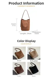 Detailed size chart and four colors of large vintage suede tote bags with woven straps
