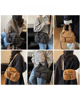 Detailed views of multi-pocket nylon shoulder bag worn by model in black and brown colors