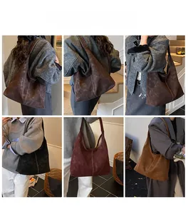 Collage of model wearing large retro faux suede tote bag in various classic autumn colors