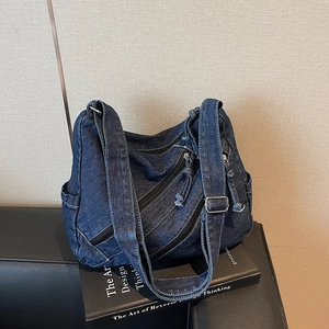 Women Washed Denim Shoulder Bag Large Capacity Multi Zipper Crossbody Hobo Tote Bag Adjustable Strap Casual Streetwear
