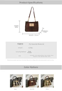 Detailed size specifications and color comparison of plaid tote bag with PU leather texture