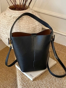 Women Minimalist Lychee Pattern PU Leather Bucket Bag Retro Solid Color Shoulder Crossbody Bag Large Capacity Commuter Handbag