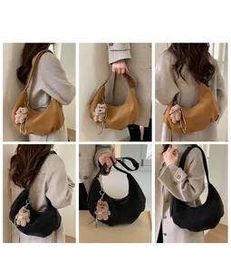 Collage of brown and black hobo shoulder bags with plush bear charm on a model