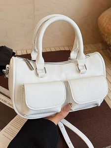 Women Fashion PU Leather Boston Bag Large Capacity Multi Pocket Handbag Solid Color Adjustable Strap Shoulder Crossbody Bag