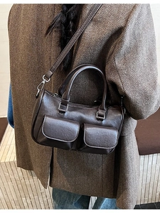 Retro chocolate brown PU leather satchel bag with dual front pockets for women