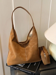 Women Large Capacity PU Tote Bag Suede Texture Hobo Shoulder Bag With Pouch Contrast Stitching Vintage Daily Casual Bag
