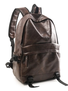 Dark brown faux leather backpack with large capacity and adjustable straps for travel