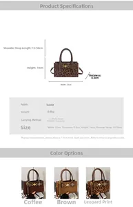 Detailed size specifications and material chart for leopard print suede crossbody bag