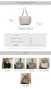 Detailed chart showing large capacity tote bag dimensions, 0.31kg weight and five colors