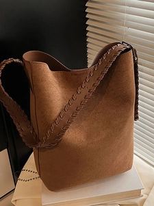 Vintage Suede Bucket Bag For Women Large Capacity Tote Bag With Braided Strap Casual Retro Shoulder Crossbody Bag