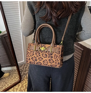 Detailed view of leopard print crossbody bag with metallic hardware on a model back