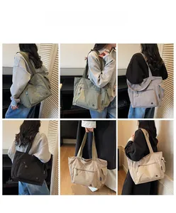 Multiple views of large capacity nylon tote bags with front zipper and side pockets