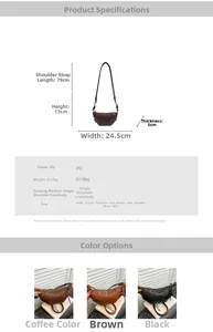 Detailed size specifications and color options for the stylish PU leather crescent bag