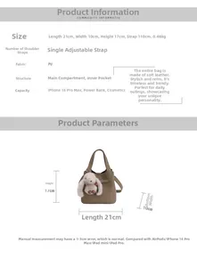 Detailed view of brown PU leather bucket bag showing 21x10x17cm dimensions and plush charm