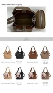 Detail of lychee pattern leather bucket bag showing inner pouch and multiple color options