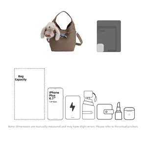 Detail view of taupe bucket bag showing size comparison and internal capacity for essentials