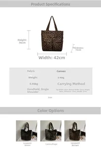 Size specifications and multi-color options for leopard and camo print canvas tote bags