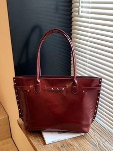 Women Large Capacity PU Leather Tote Bag Retro Glossy Shoulder Bag With Rivet Decor For Daily Commute Fashion Handbag