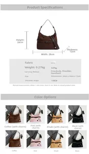 Detailed size guide and color options for the stylish large capacity shoulder tote bag