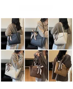 Collage of four stylish tote bags in classic colors featuring decorative silk scarves