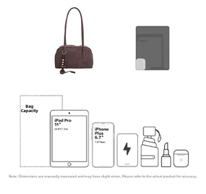 Brown faux leather shoulder bag capacity diagram showing iPad Pro 11 and iPhone fit
