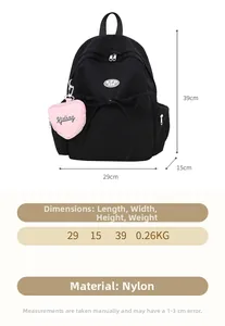 Detaillierte Größentabelle für schwarzen Nylon-Rucksack mit Maßen 39x29x15 cm und 0,26 kg Gewicht