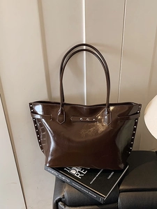 Large capacity dark brown patent leather tote bag with silver studs for daily commute