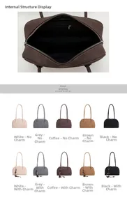 Detailed view of interior zipper pocket and selection of five suede shoulder bag colors