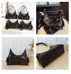 Detailed view of black patent leather hobo bag with silver buckles and side pockets
