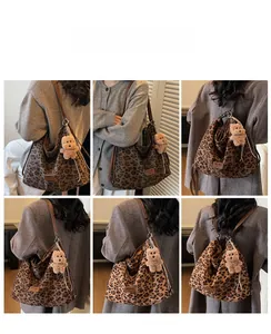 Collage of fashion leopard print tote bag with brown leather straps and plush bear charm