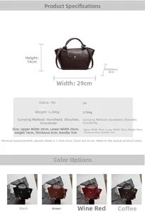 Detailed size guide and specifications for the contrast color PU leather bucket handbag