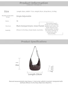 Detailed chart showing dark brown hobo bag dimensions 28x11x20cm and PU leather specs