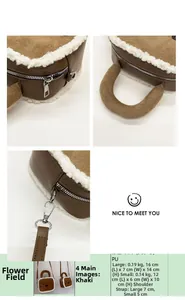 Close-up of the metal zipper and handle texture on a bear-shaped lamb wool handbag