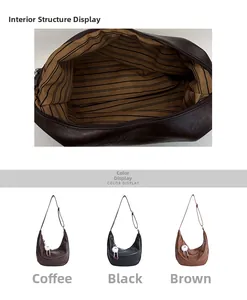 Detail view of half-moon shoulder bag interior stripes and three color options