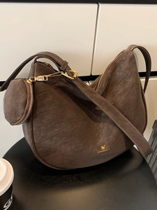 French Retro Matte PU Leather Hobo Crossbody Bag For Women Large Capacity Shoulder Bag With Round Mini Purse Set