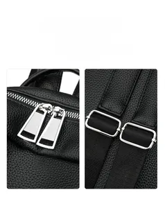 Detail of dual silver metal zippers and adjustable strap buckle on black leather backpack