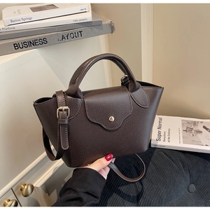 Close-up of dark brown bucket bag with lychee texture and gold magnetic buckle detail