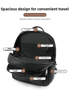 Detailed interior view showing 7 functional storage compartments and silver zippers