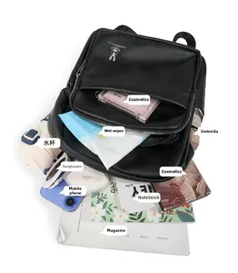 Detailed view of the black leather backpack interior capacity with various travel essentials