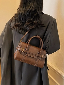 Borsa a mano vintage in pelle marrone con cuciture a contrasto e fibbie dorate