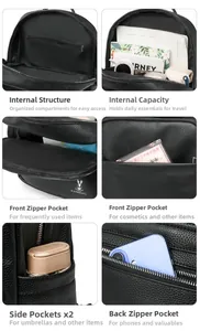 Detailed views of multi-pocket black leather backpack showing interior and anti-theft storage