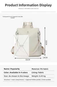 Detailed view of women's soft leather backpack showing 33cm size and internal storage