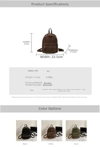 Detailed dimensions and side view of small faux suede backpack for women in three colors