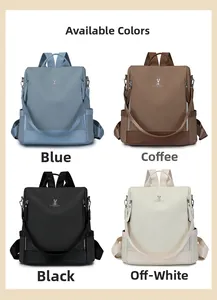Detail view of women's backpacks in four colors: blue, brown, black and off-white options