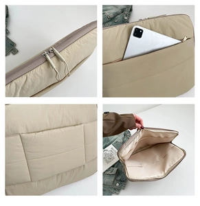 Gesteppte beige Laptoptasche mit Doppelreißverschluss, Innenfächern und Außentasche